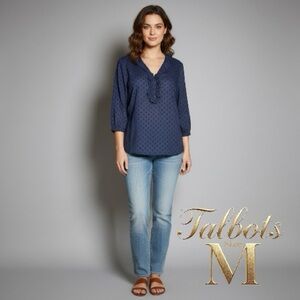 Talbots Blouse Navy Blue Swiss Dot Popover 100 Cotton V-neck 3/4 Sleeves Size M